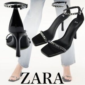 NEW ZARA CHAIN TRIM HEELED SANDALS SHOES THIN STRAP WOMENS‎ SIZE 41 US 10